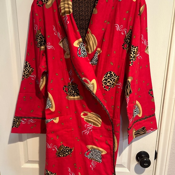 Never worn pajama set, robe-one size fits most, bottom S. Flannel coffee design - Picture 2 of 9
